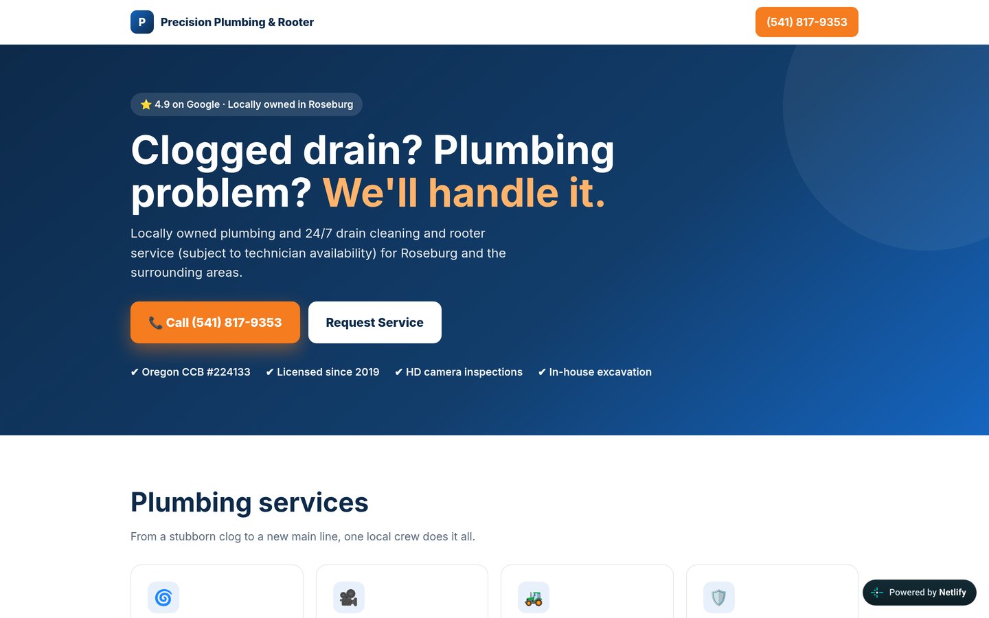 Concept homepage design for a local plumbing company